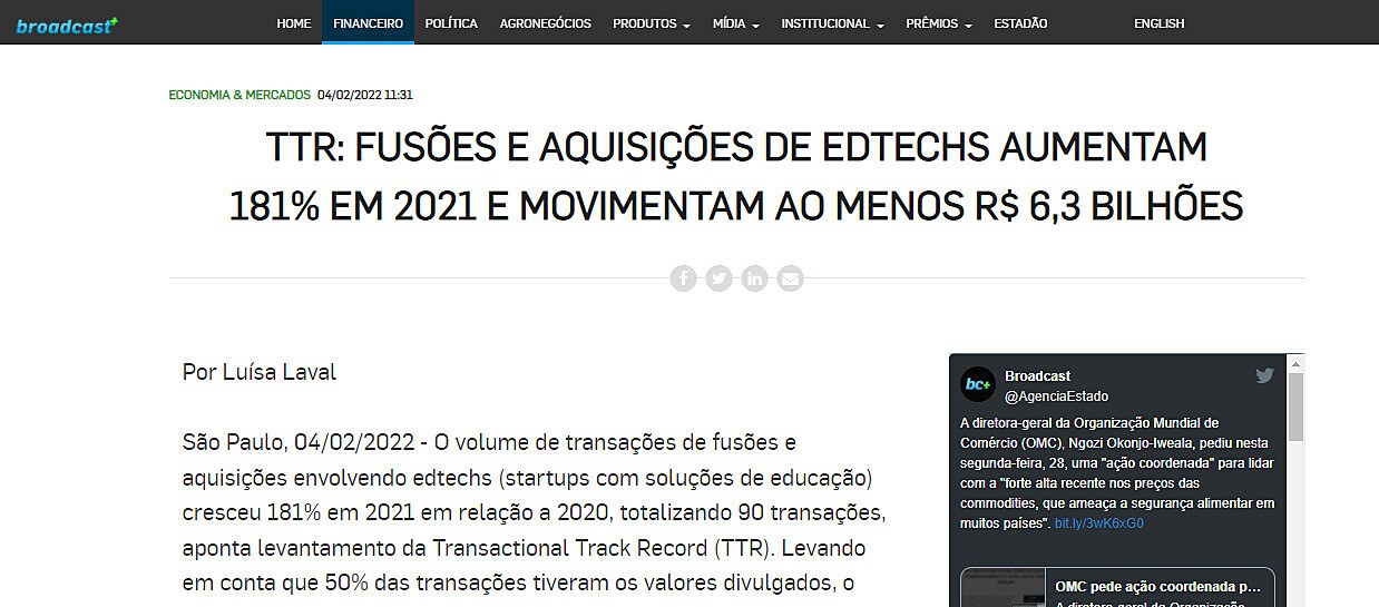 TTR: Fuses e aquisies de edtechs aumentam 181% em 2021 e movimentam ao menos R$ 6,3 bilhes